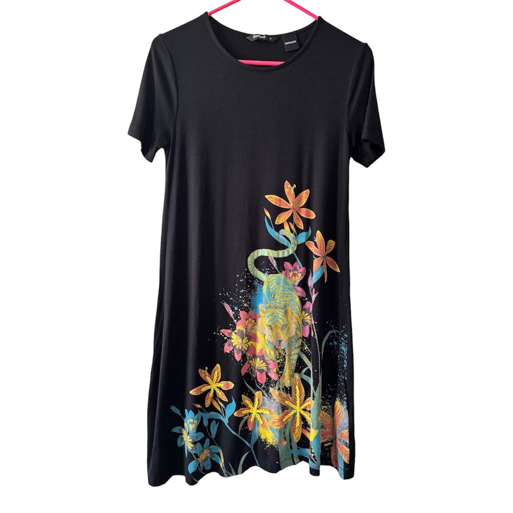 Desigual Agra Floral Tiger Black Short Sleeve T-Shirt Tunic Mini Dress Women’s M